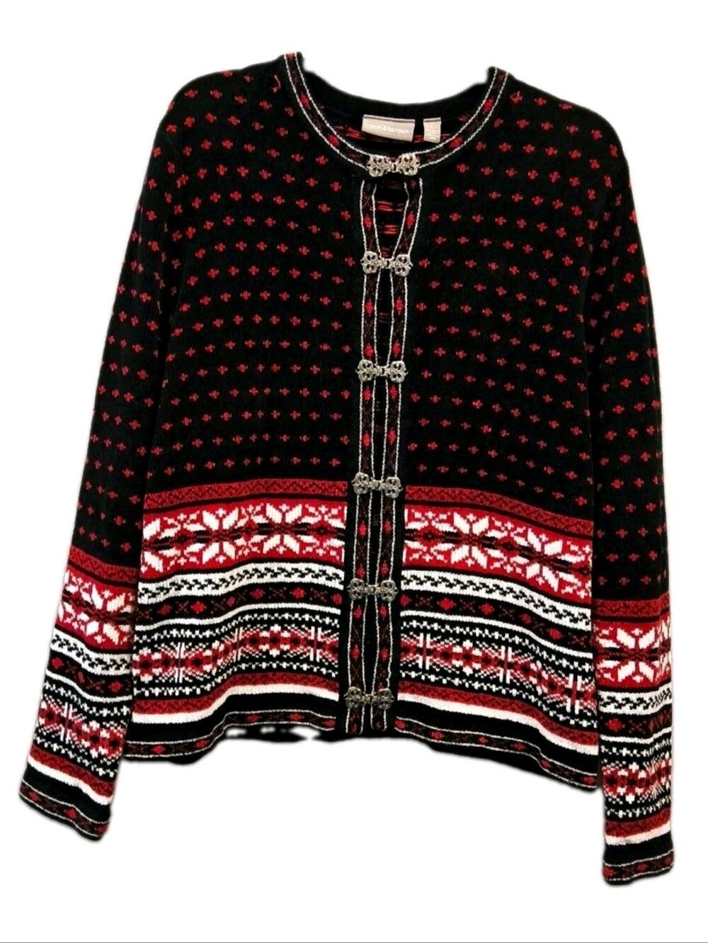 Croft & Barrow Nordic Fair Isle Cardigan Sweater L Black Red Silver Clasps